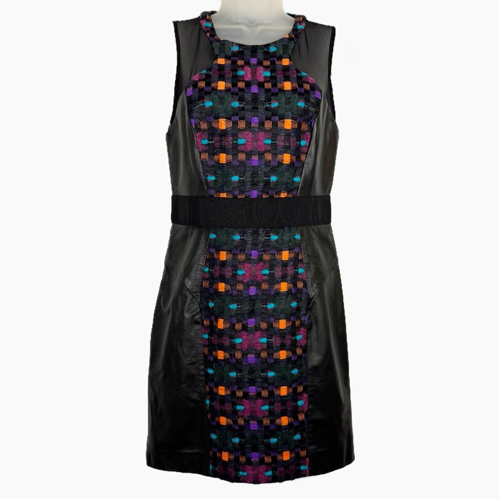 MILLY | Wool/Lambskin Leather Dress With Mesh Cutouts - Chic -Edgy - Embroidered